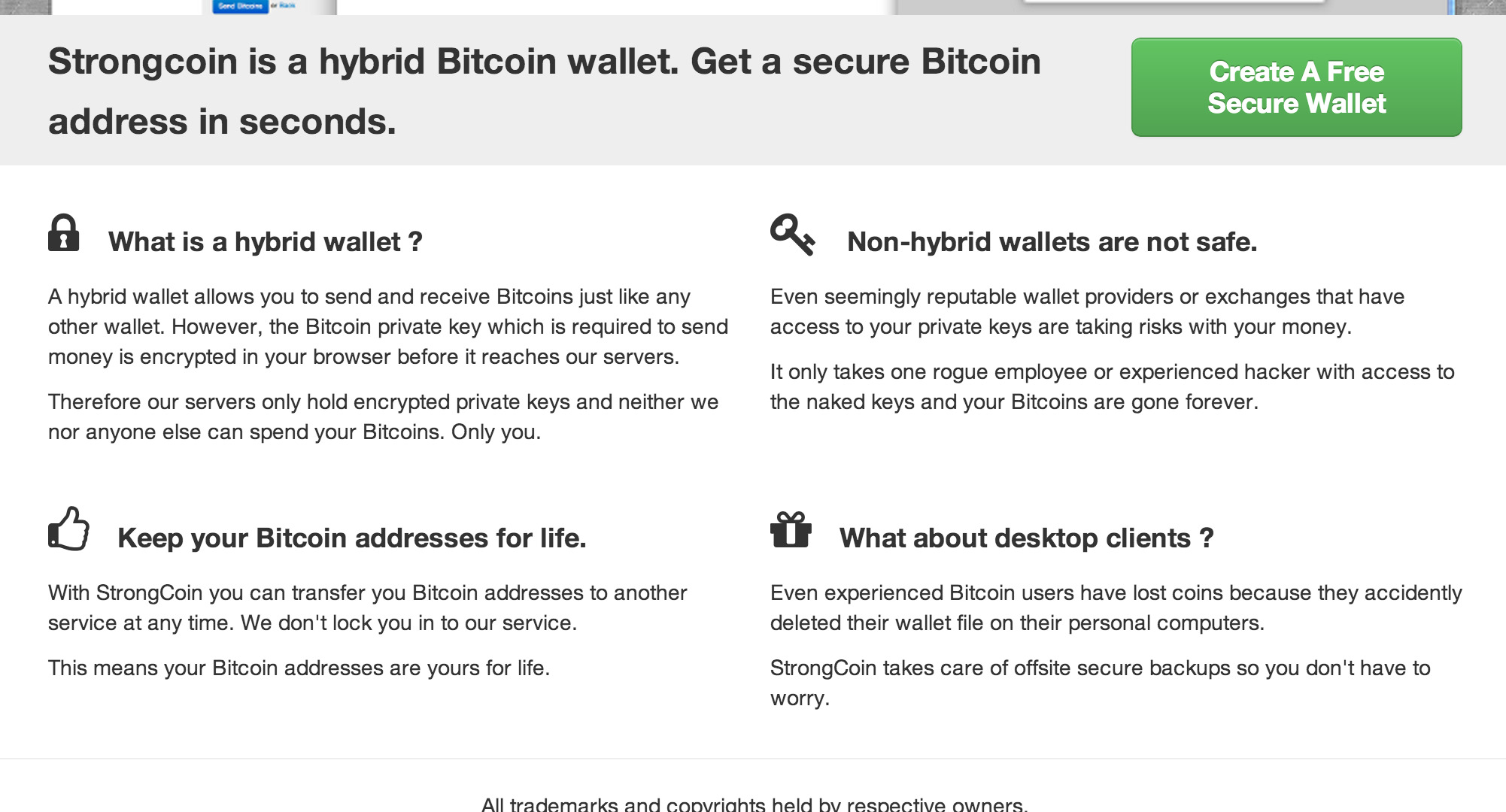 Screenshot of StrongCoin Landing Page