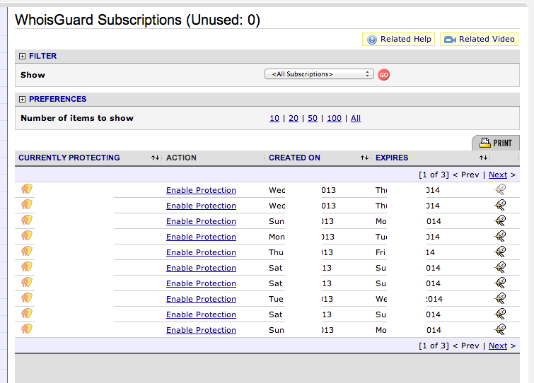 Namecheap WhoisGuard subscriptions list